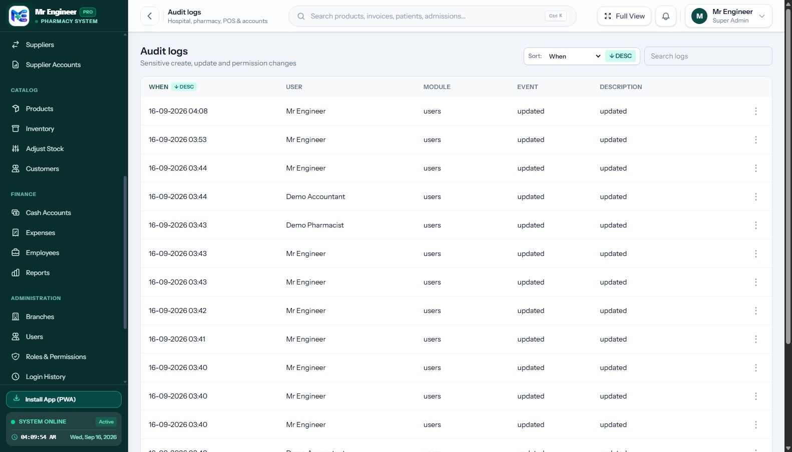 Mr. Engineer System Audit Trail, User Access Permissions, and Automated Database Backup Console